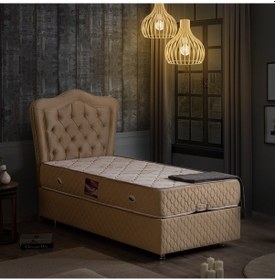 Resim Setaymobilya Baza, Camelli Bej Tek Kişilik Baza + Başlık + Ortopedik Yatak 