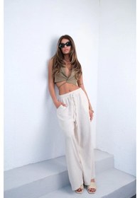 Resim Defymoda Aksesuar Detay Keten Pantolon Bej 