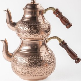 Resim Dmt Gaziantep Bakır Çaydanlık Takımı Ağır El Zımbalı Alt:14,5cm Üst:10,5cm Toplam:2,6 Lt Bakır 