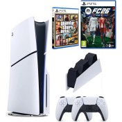 Resim Sony Playstation 5 Slim +2.kol Dualsense +Şarj Istasyonu +Ps5 FC26 + Gta V ( Ithalatçı Garantili) 