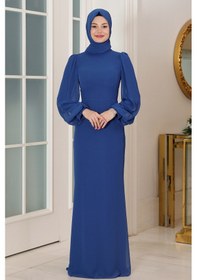 Resim Raika Moda Kol Detaylı Firuze Şifon Tesettür Abiye İndigo 