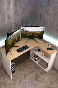 Resim L Çalışma Masası Bilgisayar Masası Dolaplı Kitaplıklı Meşe Beyaz 