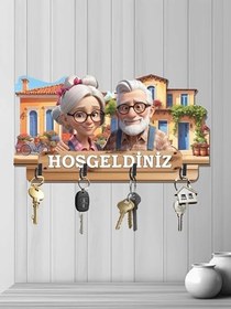 Resim 30 x 16 cm Dört Metal Kancalı 2D Ahşap UV Baskılı Yaşlı Hoşgeldiniz MDF Duvar Askılığı Anahtarlık v3 