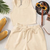 Resim Şık Kolsuz Yuvarlak Yaka Yelek ve İpli Bel Bandı Şort Takımı, Günlük Tatil Çok Fonksiyonlu NS702 