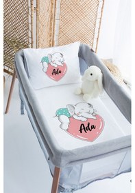 Resim Lilabio %100 Pamuk Saten İsme Özel İsimli 70x120 Park Yatak Nevresim Seti Sevimli Fil Ve Kalp 