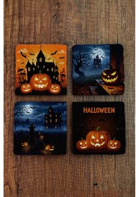 Resim Doğal Taş Bardak Altlığı - Hallowen Baskılı 10x10cm Stone Coasters 488 Çok Renkli 