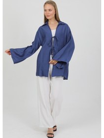 Resim Doğal Viskon Kumaş Cepli Bağcıklı Kadın Kimono 1167 Hafif, Dökümlü, Akışkan, Yazlık Model İndigo 