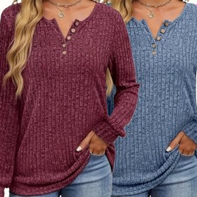 Resim 2 Adet Kadınlar İçin Şık V Yaka Uzun Kollu 3 Düğmeli Ribana Tişört - İlkbahar/Sonbahar için Yumuşak Esnek Üstler, Makinede Yıkanabilir, Bordo & Mavi, Bayan Tişörtleri, Günlük Giyim, Düğme Detaylı Örgü, Dokulu Kumaş, Sonbahar Gardırop, Klasik Tarz, Dayanıklı Yapım, Stil Sahibi Kadın Tişörtü 