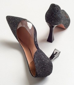 Resim Feles Kadeh Topuk Yanı Şeffaf Stiletto Kadın Topuklu Ayakkabı Siyah-Simli 