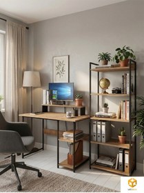 Resim Vien 2 Raflı Çalışma Masası 5 Raflı Kitaplık Monitör Yükseltici Set Kitaplıklı Ofis Masası Siyah Çam Siyah - Atlantik Çam 