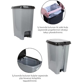 Resim PremiumPort 25L Pedallı Gri Banyo ve Mutfak Çöp Kovası, Siyah Kapaklı Slim Tasarım 