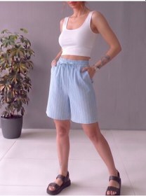 Resim Know Çizgili Beli Ayarlanabilir Keten Pamuklu Şort Bebe Mavi 