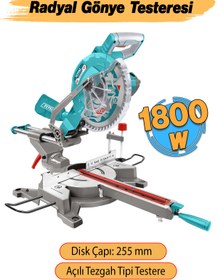 Resim Total Açılı Radyal Gönye Kesme Testeresi Makinesi 255 mm 1800 W Elektrikli Marangoz Tezgah Tipi Mobilya 