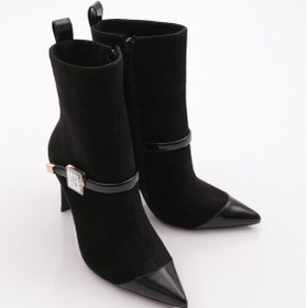 Resim Dgn 5313 Kadin Kemer Detayli Sivri Burun Topuklu Bot Siyah Süet 