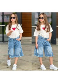 Resim Ay Kids Kız Çocuk Kalp Baskılı Oversize Tişört & Bol Paça Jean Kapri Kombin Takım 2689m Mavi 