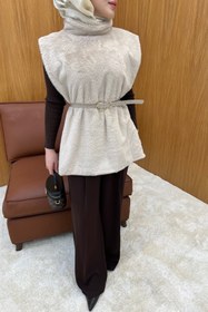 Resim Bej Kemer Detaylı Peluş Kürk Panço - 40 / Bej 