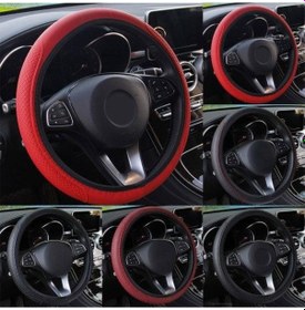 Resim Siyah + Kırmızı Şık Araba Araç Kaymaz Direksiyon Suni Deri Kaplama Jant Kapağı Koruyucu 
