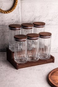 Resim Mira 7 Parça Ahşap Vakumlu Kapaklı Standlı Cam Baharatlık Seti 450 Ml Çok Amaçlı Saklama Kabı Ahşap 