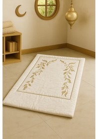 Resim Sahra Krem Kadife Nakışlı Seccade Süngerli Yumuşak Çeyizlik Hediyelik Bohça Lüks Namazlık Krem 