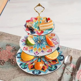 Resim Özbience Çiçek Desenli Elmas Kendin Yap Boyama Tatlı Standı, 3 Katlı Cupcake Tepsi 
