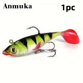 Resim Anmuka 1 Adet T-Kuyruklu Yumuşak Balık Yemi Çift Kanca ile, 8.5cm/3.35in Kurşun Ağırlıklı Bionik Yem Deniz Balıkçılığı için - Yeşil & Siyah Çizgili Tasarım Kırmızı Vurgularla, Silikon/Kurşun Malzeme, Gerçekçi Yüzme Hareketi 