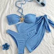 Resim Kadınlar için Şık Açık Mavi Kabartmalı Bikini Takımı, Altın Denizyıldızı Detaylı - Eşleşen Örtü Etek, Yüksek Kesim Tasarım, Makinede Yıkanabilir, Plaj veya Havuz Günleri İçin Mükemmel 