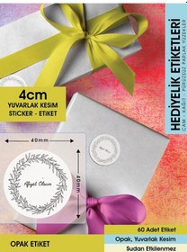 Resim Çiçek Motifli Çelenk Afiyet Olsun Etiketi 4 Cm - Letbil 60 Adet Opak Sticker Siyah - Beyaz 