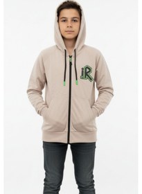 Resim Kapüşonlu Fermuarlı Yandan Cepli Baskılı %100 Pamuk 2 İplik Mevsimlik Erkek Çocuk Sweatshirt-90935 Bej 