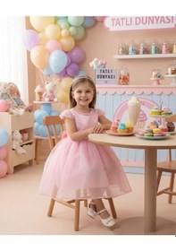 Resim Ayışığı Kız Çocuk Taş Yaka Detaylı Şifon Abiye Elbise Pembe 2-6 Yaş Pembe 