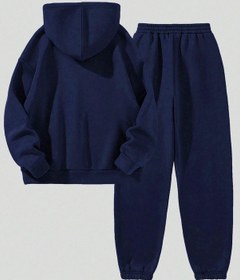 Resim California Minimal Yazı Eşofman Takımı Sweatshirt Jogger - Lacivert Baskılı Şardonlu Kapüşonlu Lacivert-33245 