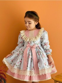 Resim Mavi Çiçekli Önü Fiyonklu Vintage Elbise, Özel Dikim Çocuk Elbisesi, Doğum Günü Elbisesi,0-12 Yaşa Uygun Mavi 
