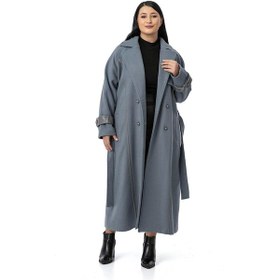 Resim Büyük Beden Deri Biye Detaylı Fleto Cepli Kuşaklı Astarlı Kaşe Uzun Mavi Kaban Mavi 