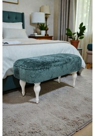 Resim Dikdörtgen Puf Callısto İthal Kadife Kumaş Beyaz Ahşap Ayaklı Modern Tasarım Turkuaz 