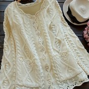 Resim Plus Beden, Plus Beden Günlük Uzun Kollu Kabartma Düğmeli Hırka - Düz Mavi Dantel Detaylı Yuvarlak Yaka Açık Ön İlkbahar/Sonbahar Katman Parçası 