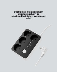 Resim Lisinya 3 USB Çıkışlı 4 lü Akıllı Priz 2500W 2 Metre Kablo - 