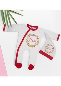 Resim Bk Kids Kişiye Özel Çiçek Tasarımlı Kırmızı Tulum Zıbın Ve Kukuletalı Şapka Seti-4 Çok Renkli 