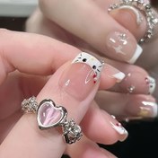Resim 24pcs Sanrio HelloKitty Nude Pink French Press On Nails with Stars Nail Rhinestones- Short Oval Square Glossy Cute Cartoon Design, Easy Apply & Remove False Nails for Hands 