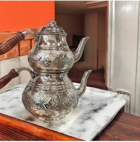 Resim Bakır Çaydanlık & Bakır Demlik Çiçek Desenli Bakır Çaydanlık Büy Gümüş 