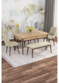Resim Mona Meşe 80x132 Açılabilir Mdf Masa Yemek Odası Takımı, Mutfak Takımı 4 Sandalye, 1 Bench Meşe Masa - 4+1 Krem - Ceviz Ayak 