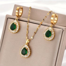 Resim 3 Parça Altın Kaplama Paslanmaz Çelik Kübik Zirkon Taşlı Yaratılmış Zümrüt Damla Kolye ve Bileklik Seti, Fransız Romantik Tarzı Nötr Vintage Şık Minimalist Moda Çok Yönlü Kadınlar İçin Günlük ve Parti Giyim 