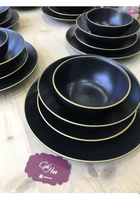 Resim Keramika Mat Siyah El Dekor Altın 24 Parça 6 Kişilik Yemek Takımı 