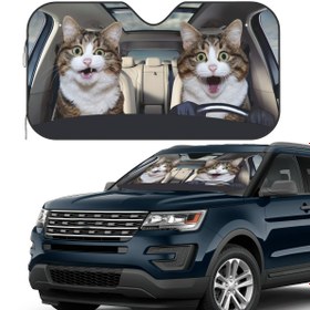 Resim Şirin Kedi Çift Araba Güneşlik - UV Koruma ve Serinletme, Şık Yaz Cam Kapağı ile Sevimli Kediler, Dayanıklı Polyester Malzeme, Çoğu Araç İçin Uygun, Kedi Araba Aksesuarları, Eğlenceli Tasarım, Güvenli Toka Kapatma 