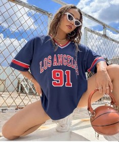 Resim Snapbuy 2025 Los Angeles 21 Unisex V Yaka Tişört Harajuku Trend Kısa Kollu Yazlık Üstgökyüzü Mavierkek Gökyüzü Mavi 