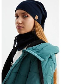 Resim 3'ü Bir Arada Balıkçı Style Bere +ipli Bere + Boyunluk Hafif, %100 Pamuklu Kışlık Set - Lacivert Lacivert 