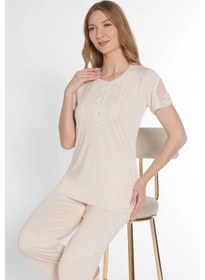 Resim Kısa Kol Klasik Zakkum Pijama Takımı Dantel Detaylı Flz 88-114 Bej 