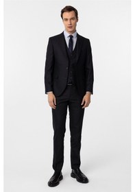 Resim Süvari Lacivert Slim Fit Desenli Sivri Yaka 6 Drop Yelekli Klasik Takım Elbise-35637 Lacivert 
