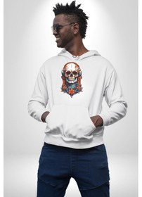 Resim Müzik Kulaklık Takan Kurukafa Kırmızı Gül Kadın Erkek Beyaz Kapüşonlu Sweatshirt Hoodie Beyaz 