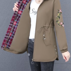 Resim 1 Adet Kadın Çiçek Desenli Kapüşonlu Ceket - Günlük Polyester Uzun Kollu Fermuarlı Kaban, Parlak Bitiş, Esnemez Kumaş, İlkbahar/Sonbahar Hafta Sonu Giyimi İçin Normal Uzunluk, Orta Yaşlı Anne, 2024 Yeni Stil, Moda Karakteri 