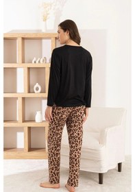 Resim Pijamoni Kadın Milan Kumaş Bisiklet Yaka Leopar Desenli Siyah Pijama Takımı Siyah Leopar 