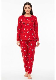 Resim Bisiklet Yaka Süet Pijama Takımı 6005 Penguen Kırmızı Kırmızı 